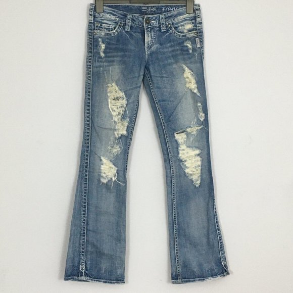 Silver Jeans Denim - Silver Jeans Womens W27/L33 Medium Wash Frances 18" Destroyed Distressed Flare